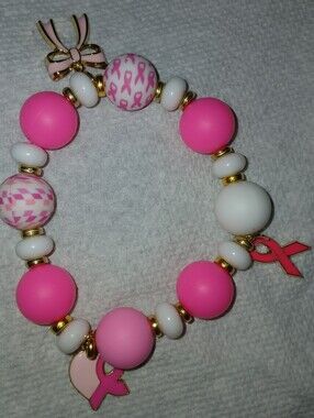 NWT Handcrafted B.C.A. Pink Ribbon Stretch Bracelet w/Charms.